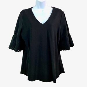 Black V-neck Blouse Tunic Size Large Bell Sleeve Top